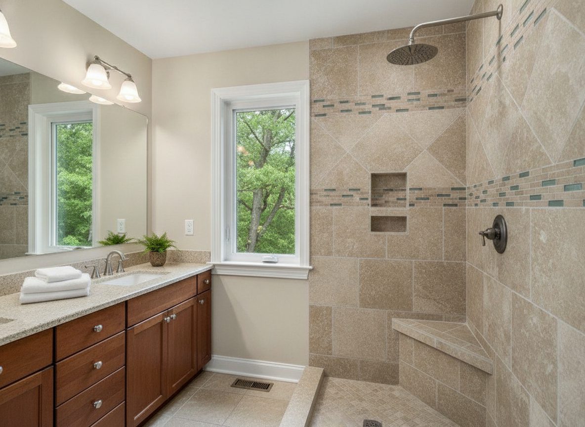 Remodeled bathroom with a tiled walk-in shower and white vanity in a Yorktown Heights home