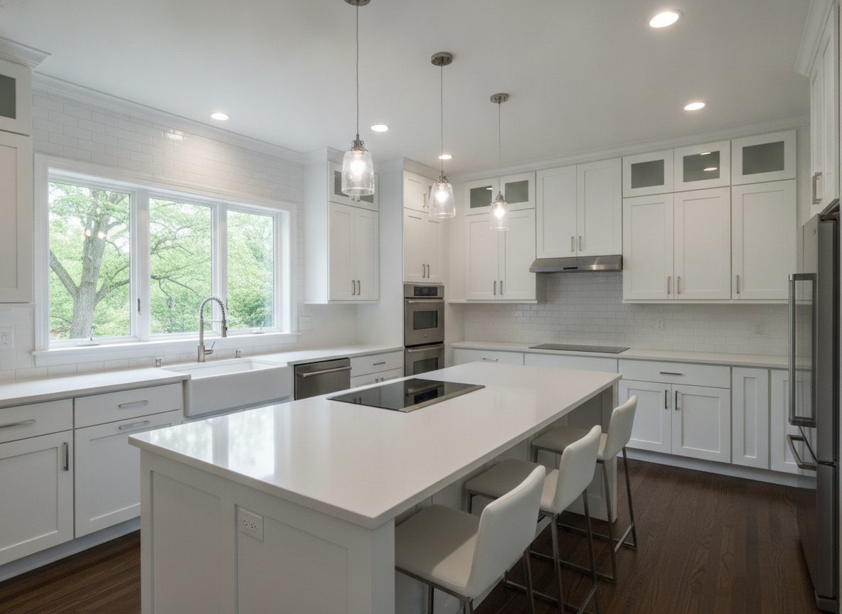 Remodeled kitchen with white shaker cabinets and a quartz island in a Yorktown Heights colonial